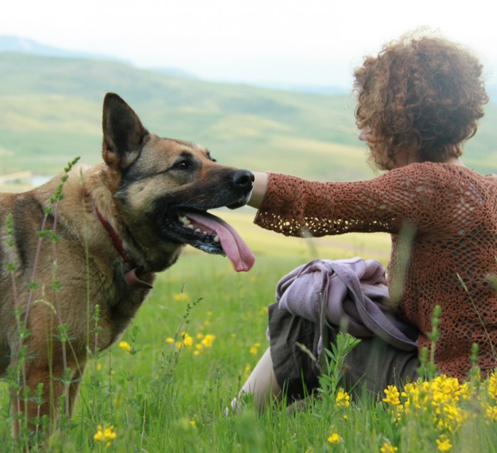 Woman hugs poodle